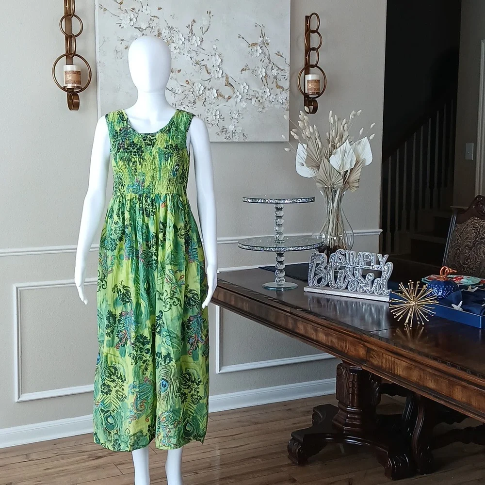 Women's Green Tropical Print Sleeveless Cotton Summer Dress By Hanna Small